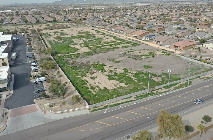 Aerial view of undeveloped land plots to be used in new luxury lease developments.